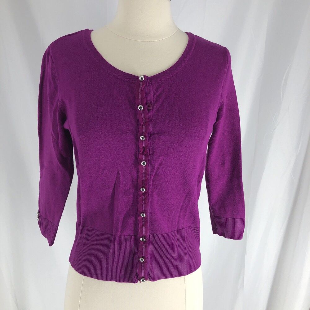 White House Black Market Cardigan Small Purple Cropped Sweater Pearl Button